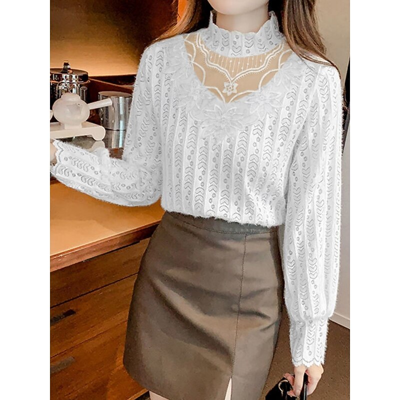 Women's Blouse Solid Color Stylish Casual Long Sleeve Turtleneck Regular Tops Daily Lace Patchwork White Apricot Spring Fall Winter