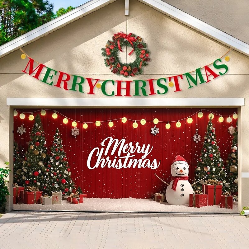 Christmas Garage Door Cover 2025 Xmas Snowman and Christmas Tree with Lights Backdrop Banner, Holiday Outdoor Garage Decoration for Winter Home Party4