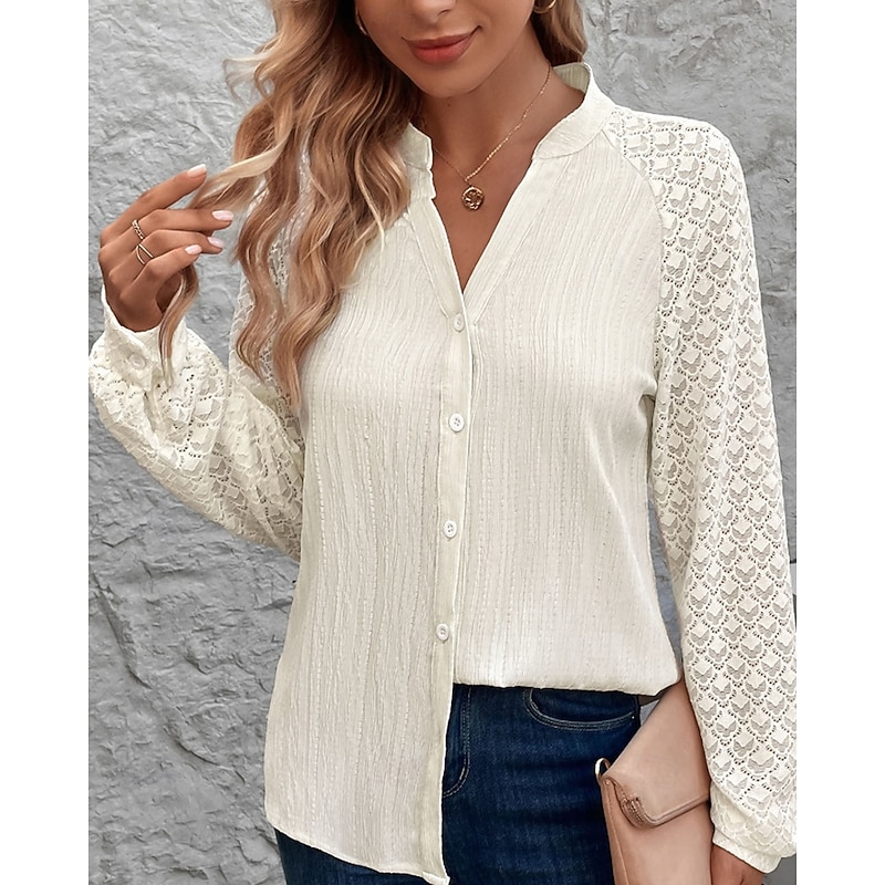Women's Shirt Lace Shirt Blouse Plain Modern Long Sleeve V Neck Regular Tops Daily Holiday Going out Lace Patchwork Apricot Fall3