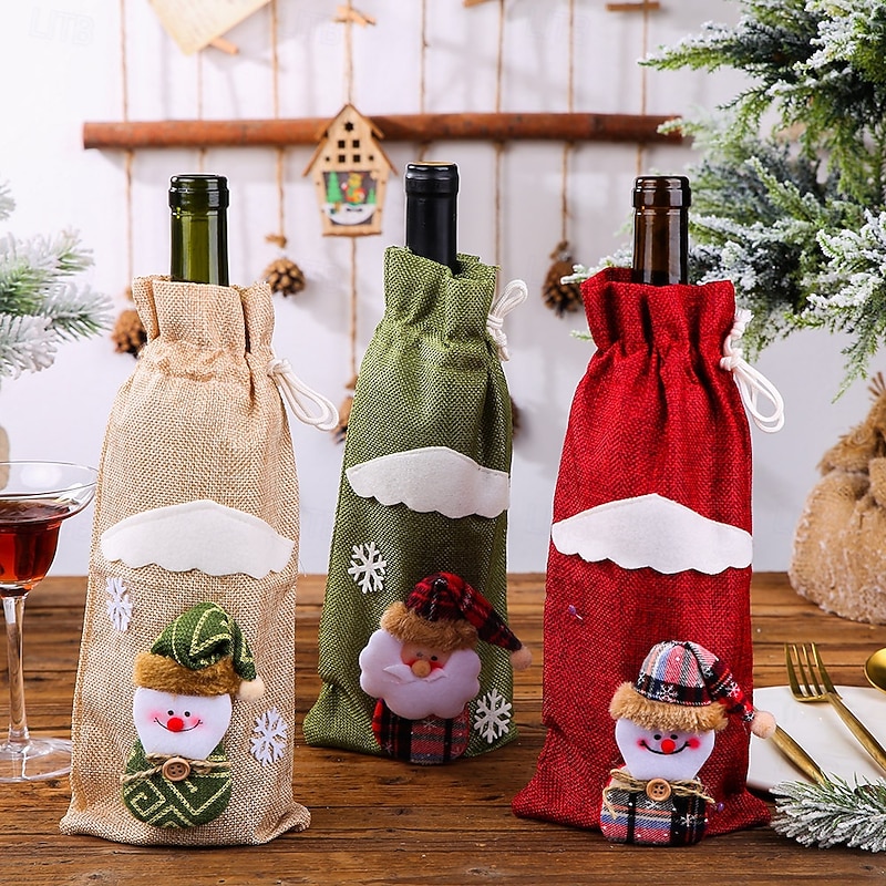 3 Pack Christmas Wine Bottle Covers, Santa Claus Champagne Bags, Holiday Red Wine Bottle Holders, Xmas Table Decorations, Reusable Gift Wrap Bags, Party Supplies for Home Decoration3