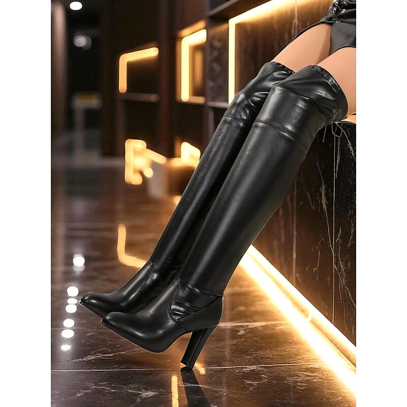 Women's Black Faux Leather Thigh-High Fashion Boots with Block Heel, Sexy & Edgy for Parties, Clubs & Date Nights.4