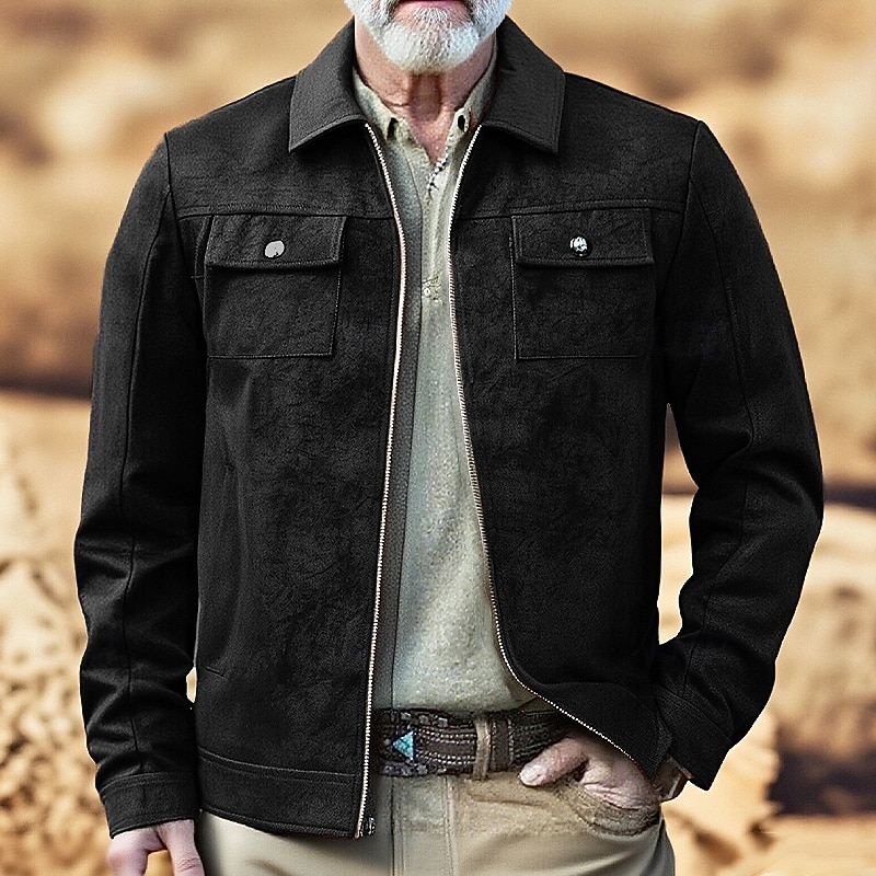 Men's Faux Suede Jacket Casual Jacket Vacation Daily Windproof Warm Pocket Spring Fall Plain Fashion Classic Lapel Regular Black Khaki Jacket3