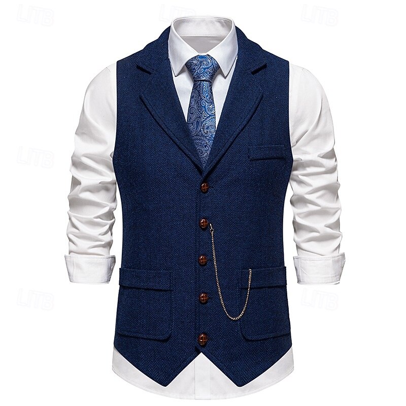 Men's Vest Waistcoat Formal Wedding Party Vintage Classic & Timeless Fall & Winter Polyester Solid Color Single Breasted Blazer Dark Gray Navy Blue Brown2