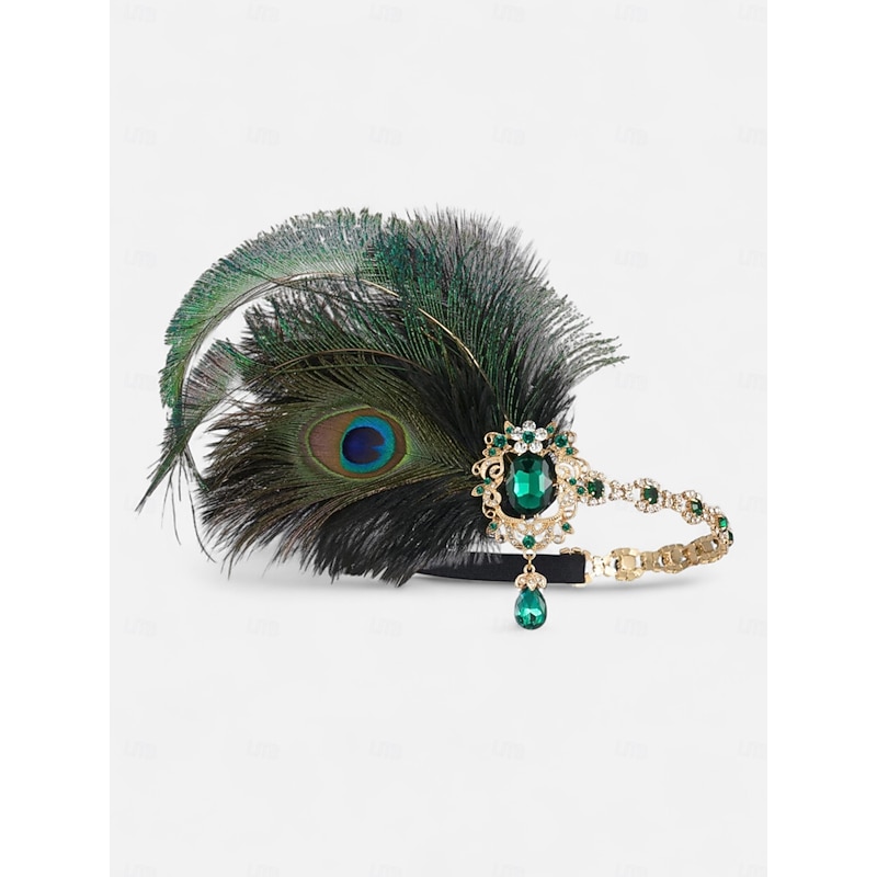 Women's 1920s Gatsby Flapper Style Jewelry Set  -Peacock Feather Headband, Pearl Bracelet, Earrings, Necklace, and Gloves for Vintage Party and Evening Wear4