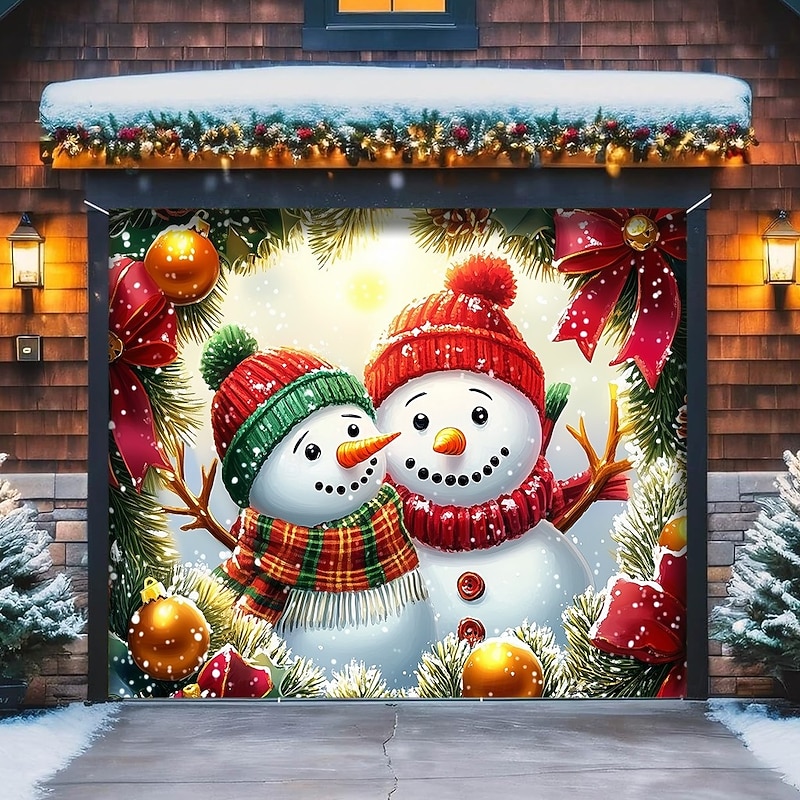 Christmas Outdoor Garage Door Cover Snowman Brothers Santa Hat Christmas Wreath Christmas Tree Large Tapestry Backdrop Holiday Party Wall Decoration For Outdoor Garage Door Home Festival Celebration D3