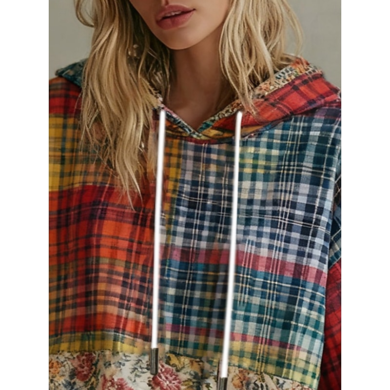 Women's Pullover Hoodies Floral Plaid Vintage Streetwear Casual Long Sleeve Hooded Regular Tops Dailywear Casual Print Red Spring Fall Winter3
