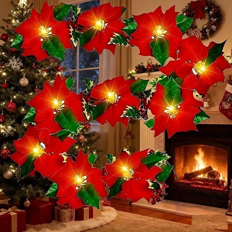 Christmas Red Flower and Red Fruit Fairy String Lights 2M 10LED Battery Powered Garland Lights for Christmas Parties Indoor Outdoor Fireplace Garden Balcony New Year Decoration2
