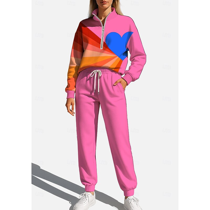 Women's Sweatshirt Tracksuit Sweatsuit Drawstring Zipper Heart Jacket and Sweatpants Athletic Clothing Set Spring Pink Casual Workout Outdoor Soft Baggy Long Sleeve Sport Activewear Micro-elastic