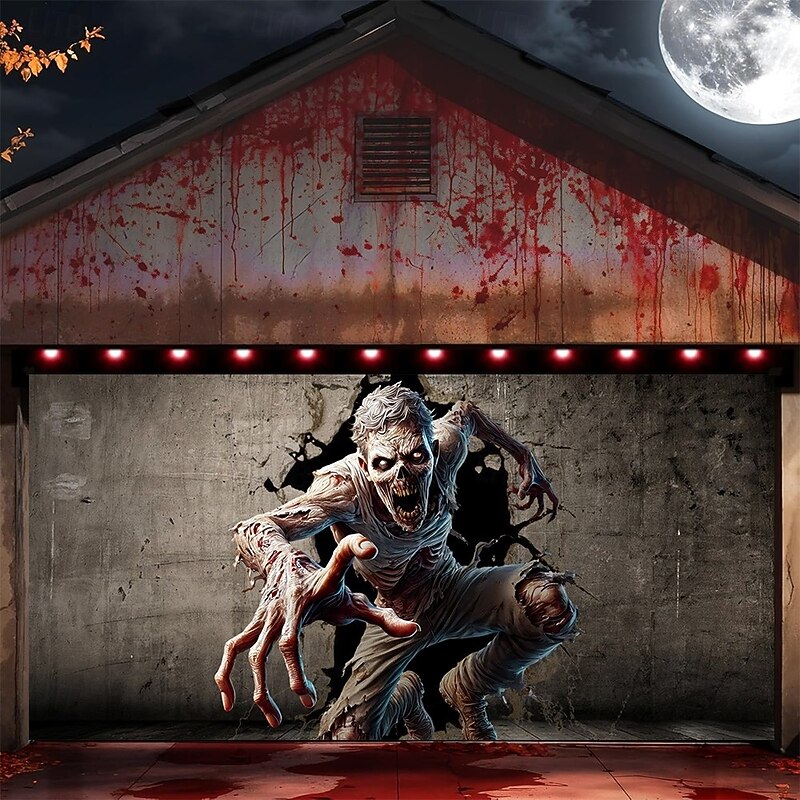 Halloween Garage Door Cover Skull Breaking Through Door Banner Haunted House Horror Scene Spooky Backdrop Tapestry for Outdoor Wall Fence Yard Halloween Party Decoration4