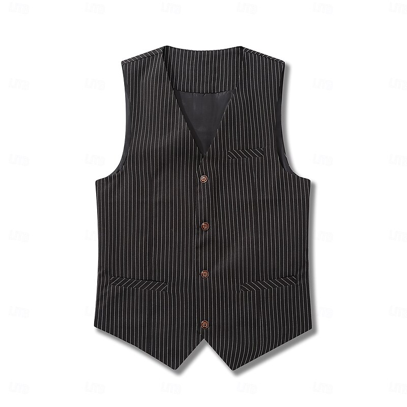 Men's Vest Waistcoat Formal Vacation Casual Daily Fashion Classic Spring Fall Pocket Buttons Polyester Comfortable Striped Single Breasted V Neck Lapel Regular Fit Black Vest2