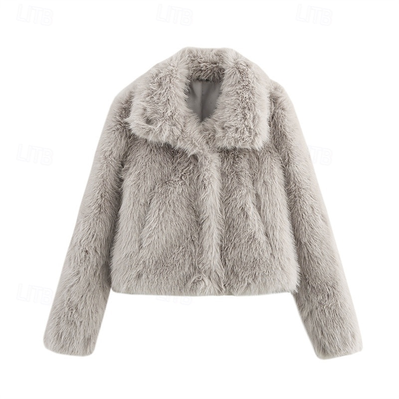 Women's Faux Fur Coat Warm Comfortable Buttons Furs & Leathers Casual Plain Vacation Street Casual Daily Wear Short Regular Turndown Regular Fit Long Sleeve Outerwear White Wine Gray Fall Winter2