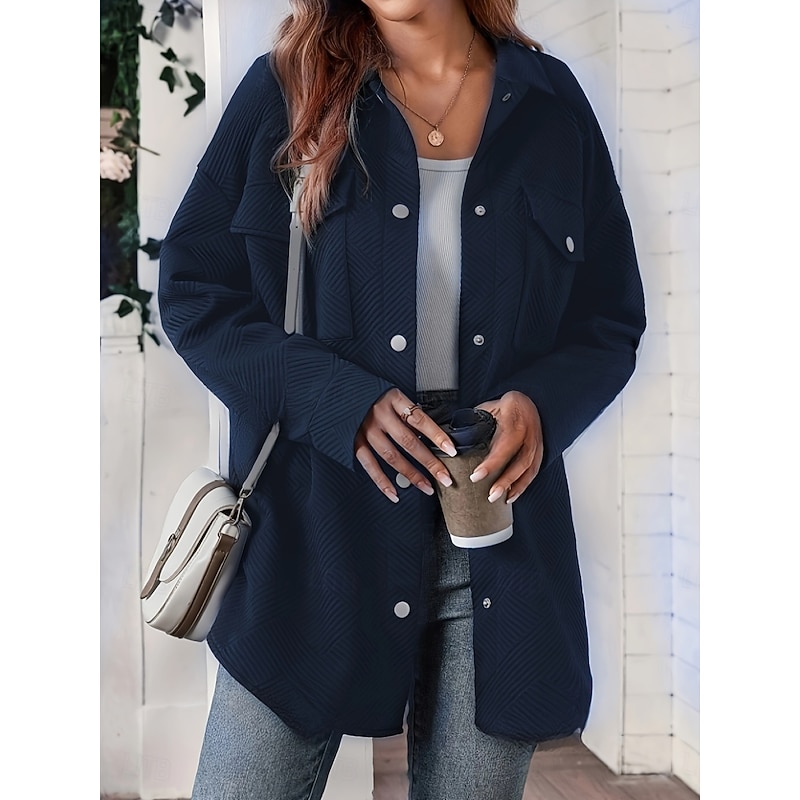 Women's Casual Jacket Comfortable Breathable Pocket Buttons Casual Plain Vacation Street Casual Daily Wear Single Breasted Long Turndown Loose Fit Long Sleeve Outerwear Navy Spring Fall