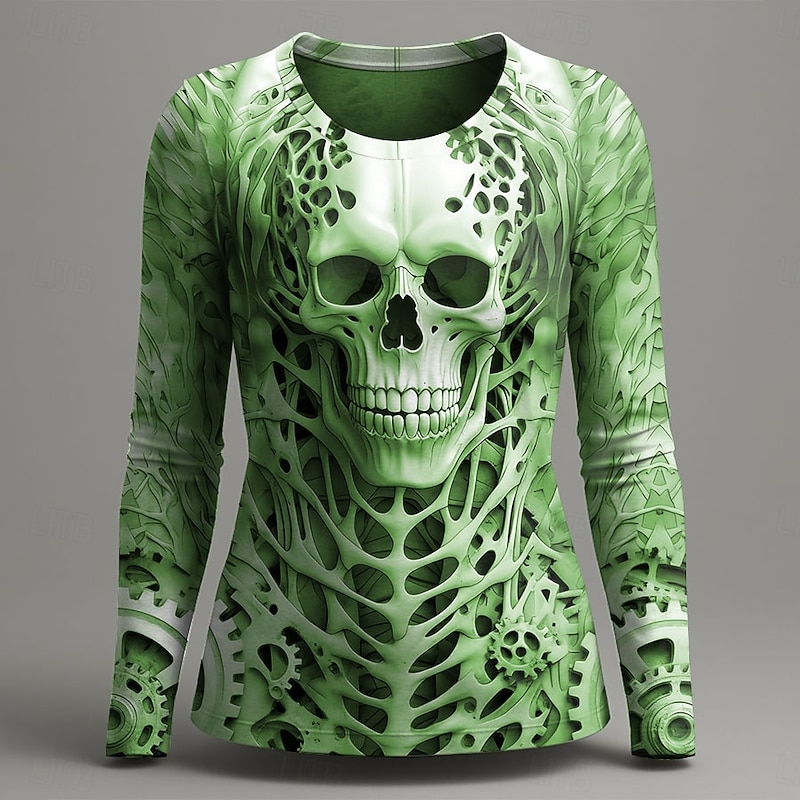 Halloween Women's T Shirt Graphic Skull Skeleton Vintage Fashion Stylish Long Sleeve Crew Neck Round Neck Regular Tops Daily Weekend Print Red Purple Green Gray Summer Spring Fall3