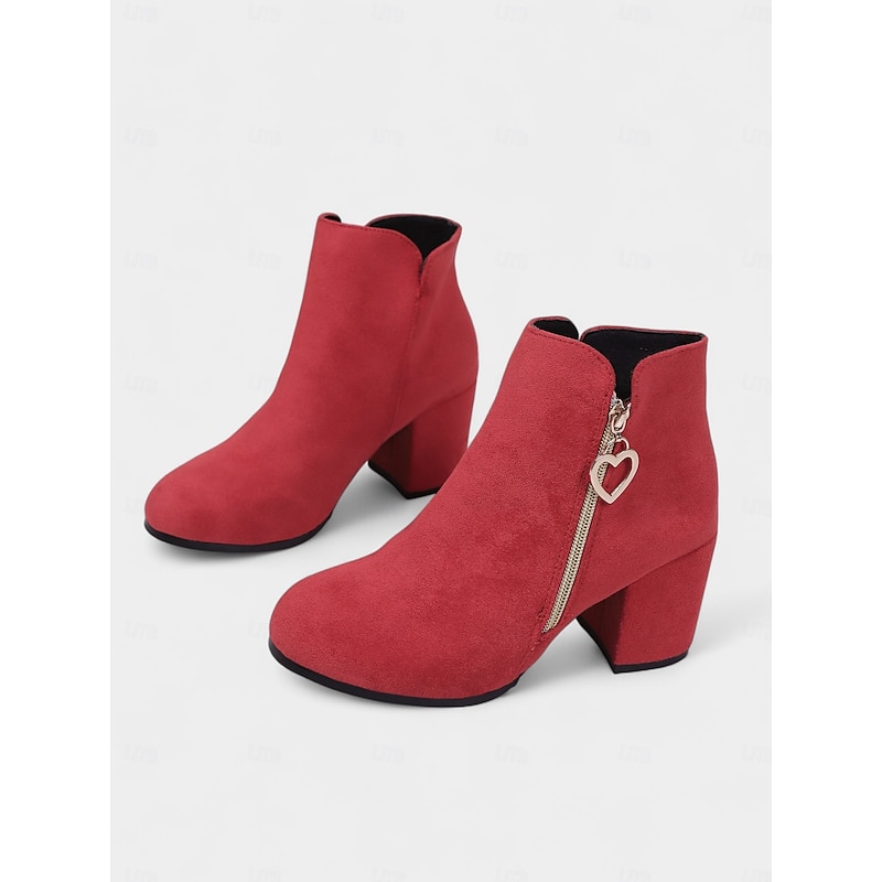Women's Red Heart Charm Block Heel Ankle Boots - Faux Suede Zip-Up Booties for Christmas, Date Nights & Casual Daily Wear4