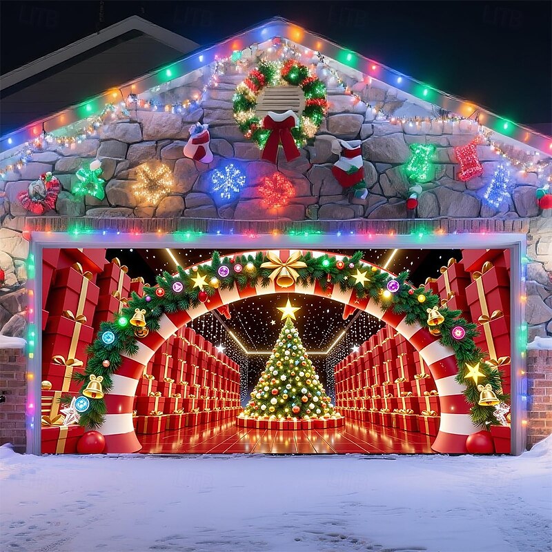 Christmas Garage Door Cover Large Hanging Backdrop Town Cute 3D Party Outdoor Holiday Shooting Backgrounds Yard Home Decor3