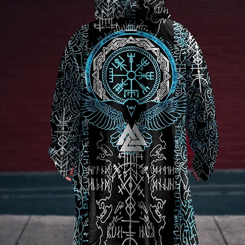Men's Viking Winter Coat Fleece Jacket Coat Thermal Warm Comfortable Vintage Casual Daily Wear Zipper Pocket 3D Print Fall Winter Hooded Long Sleeve Blue2