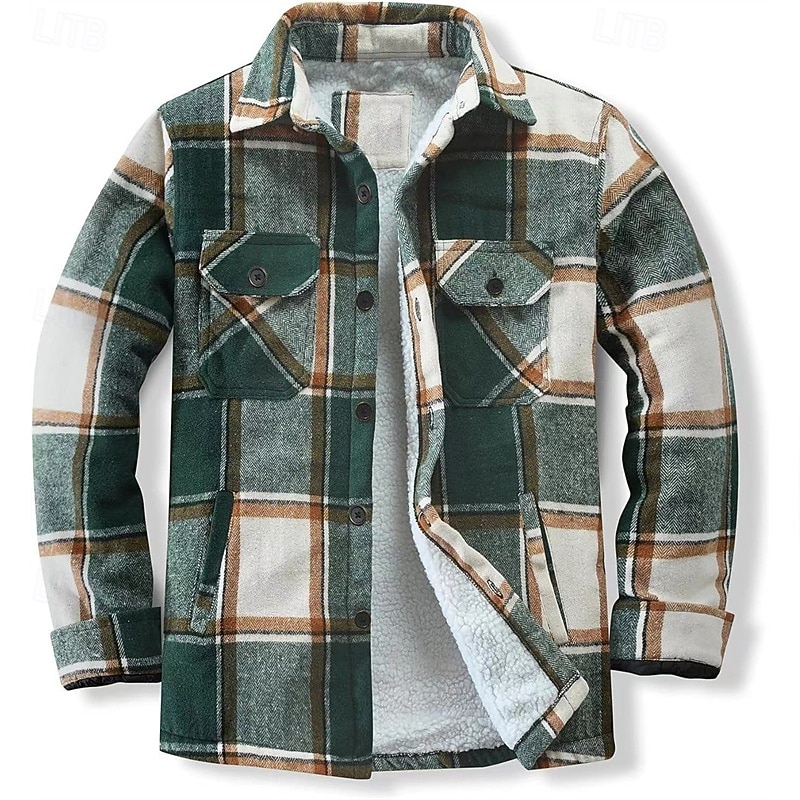 Men's Shirt Jacket Fleece Jacket Shacket Vacation Daily Warm Pocket Fall Winter Plaid Fashion Classic Lapel Regular Camel Black Blue Orange Brown Jacket3