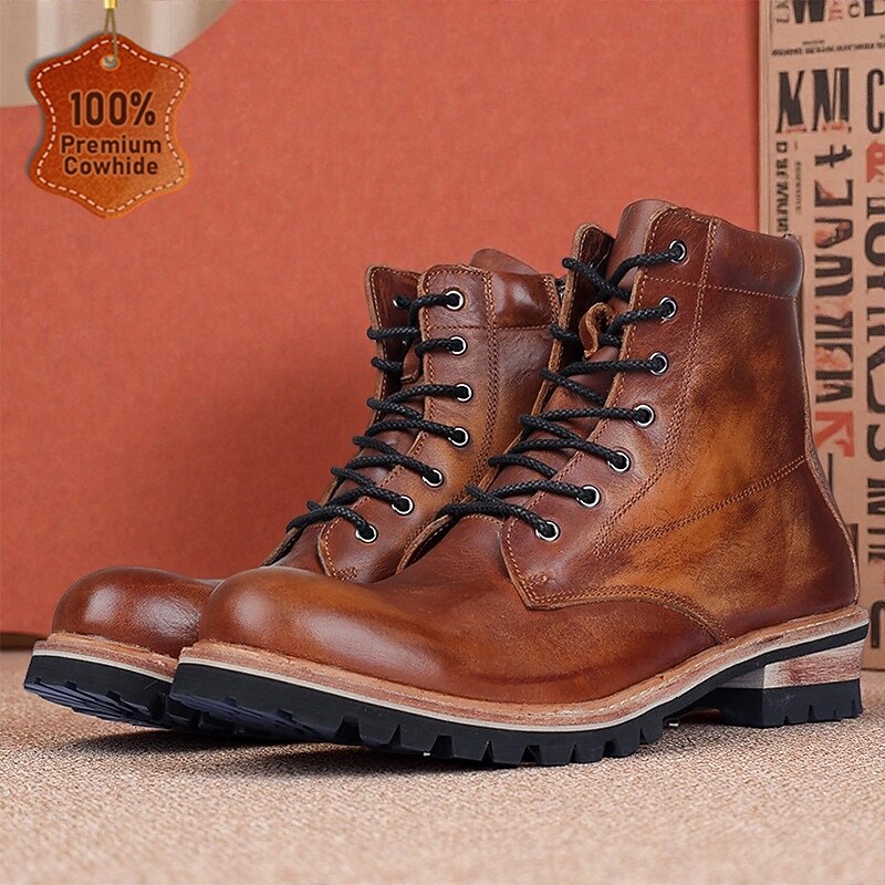 Men's Genuine Leather Lace-Up Work Boots – Durable Outdoor Combat Hiking Boots with Rugged Sole for Construction and Adventure