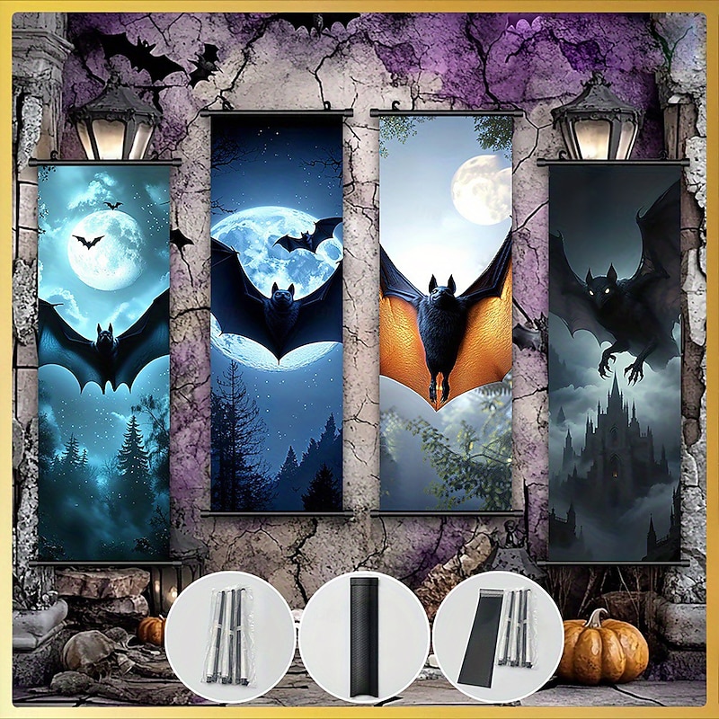4 Pcs Halloween Wall Tapestry Flying Bats Night Pattern Wall Banner Party Decoration Interior Decor Witch House Accessories2