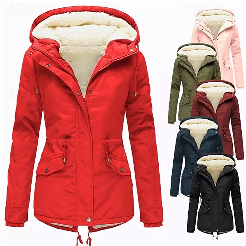 Women's Winter Coat Casual Jacket Comfortable Breathable Zipper Pocket Casual Plain Vacation Street Casual Daily Wear Zipper Short Regular Hooded Regular Fit Long Sleeve Outerwear Black Pink Wine