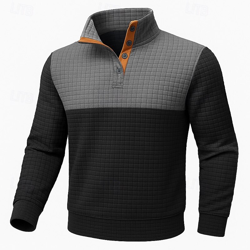 Men's Sweatshirt Waffle Sweatshirt Pullover Hoodie Sweatshirt Pullover Button Up Hoodie Navy Blue Khaki Beige Gray Standing Collar Plain Patchwork Color Block Sports & Outdoor Casual Daily Streetwear2