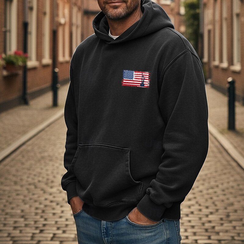 Men's Hoodie Distressed Hoodie Black Yellow Pink Red Blue Hooded American Flag Drawstring Pocket Front Pocket Sports & Outdoor Daily Holiday Cotton Streetwear Basic Casual Spring &  Fall Clothing2