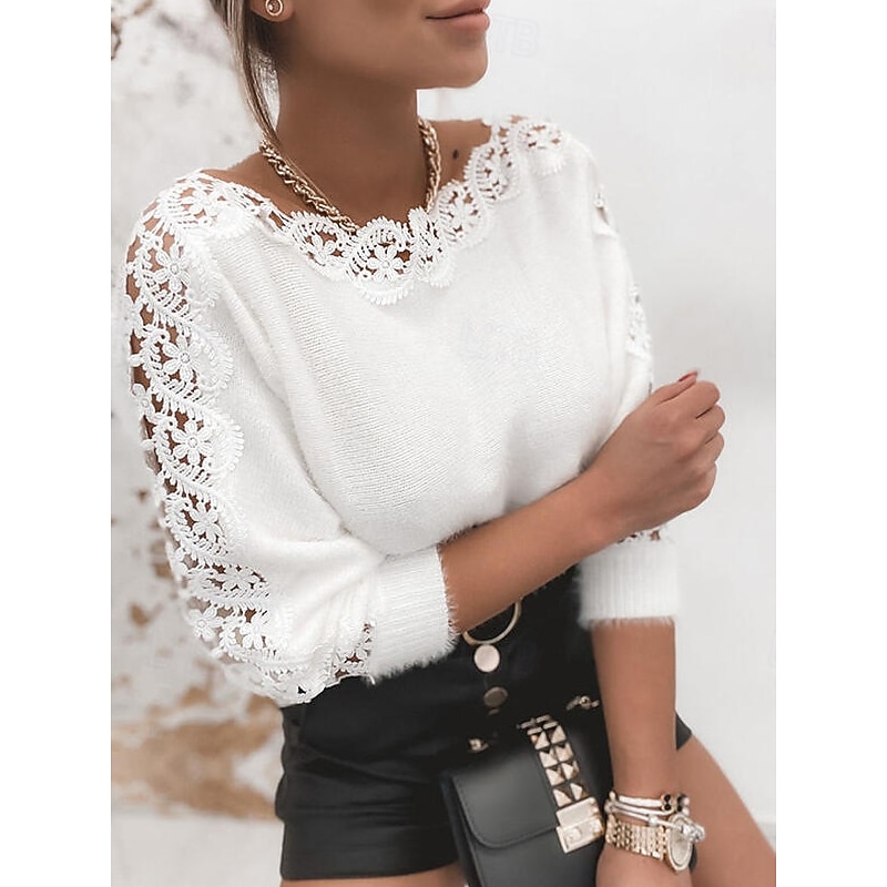 Women's Sweater Elegant Casual Soft Pure Color Ribbed Crew Neck Knitted Long Sleeve Regular Tops Knit Outdoor Daily Weekend White Spring Fall3