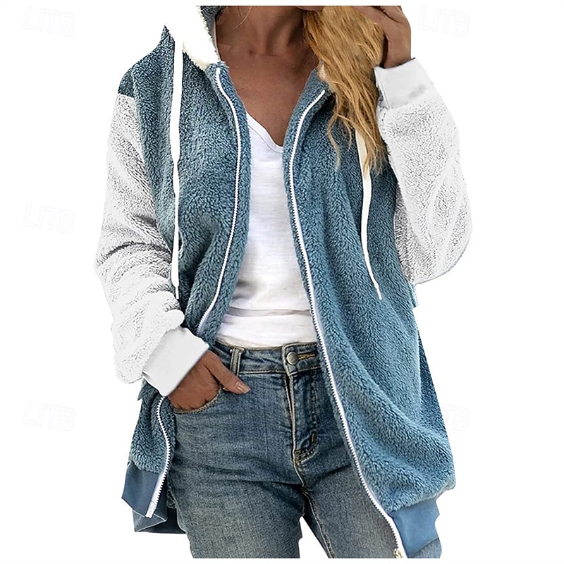 Women's Casual Jacket Comfortable Breathable Zipper Pocket Casual Color Block Vacation Street Casual Daily Wear Zipper Long Hooded Loose Fit Long Sleeve Outerwear White Burgundy Blue Spring Fall4