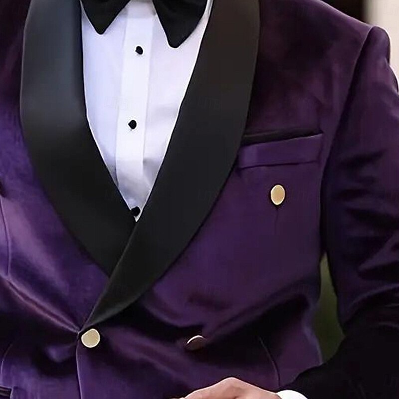 Men's Blazer Jacket Shawl Collar Fashion Solid Colored Blazer Purple Tailored Fit Double Breasted Four-buttons2