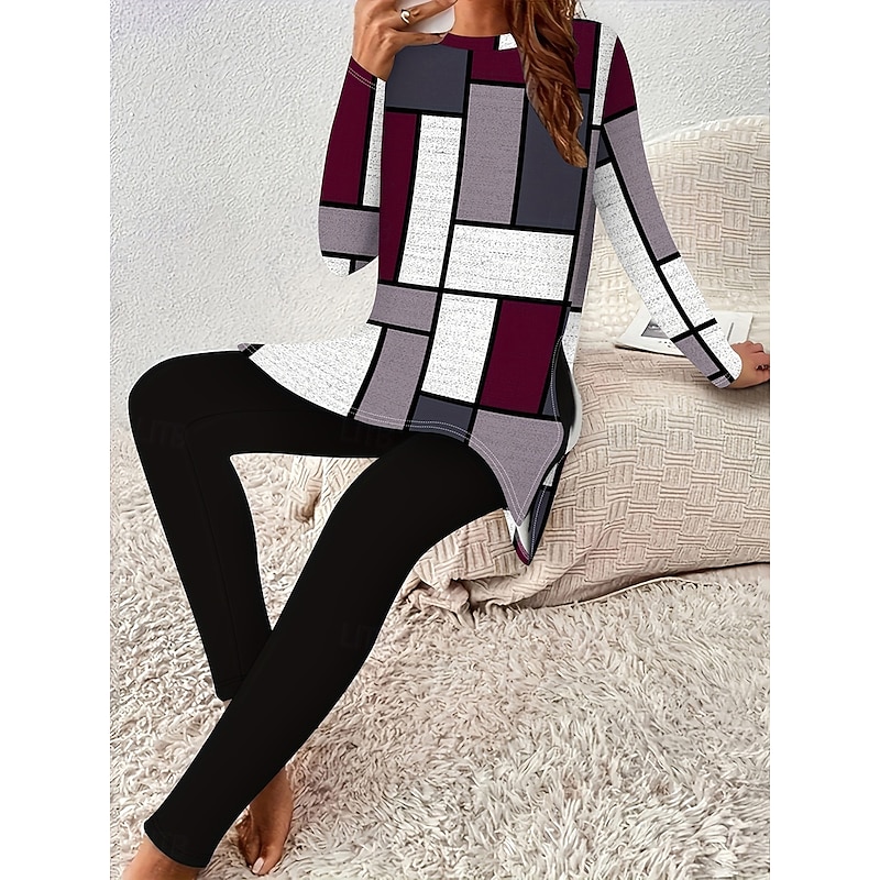 Women's Elegant Vacation Fashion Pants Sets Long Sleeve Crew Neck Graphic Geometric Print Casual Daily Casual Daily Burgundy Royal Blue Brown Spring Regular Fit2
