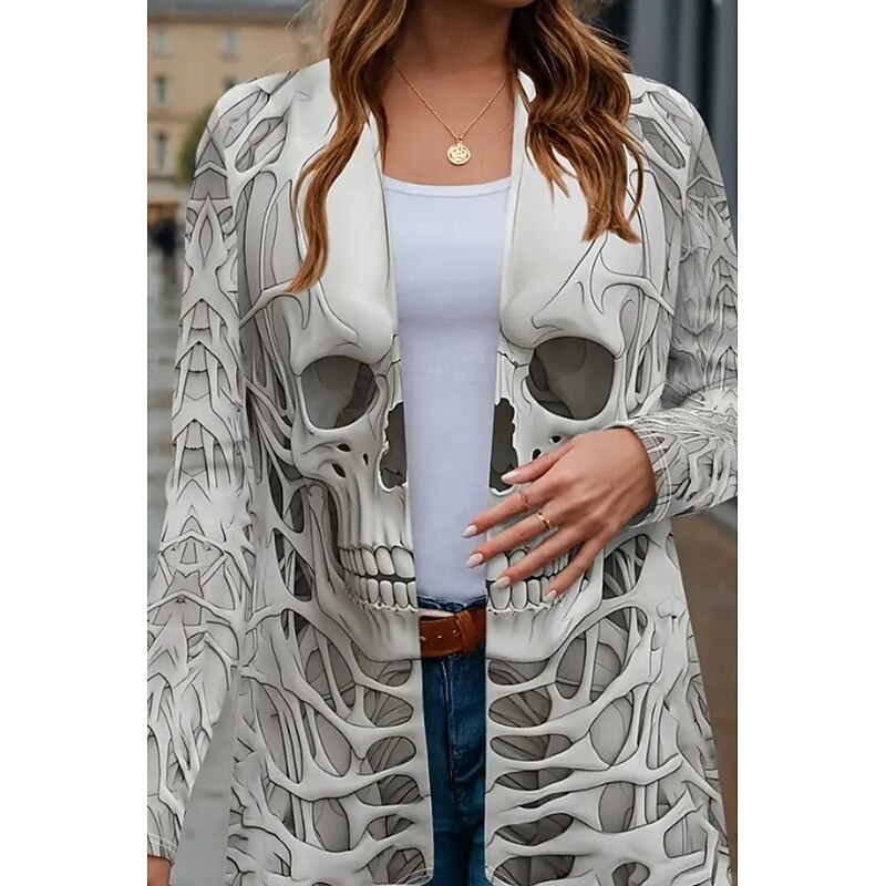 Halloween Women's Coat Lightweight Skulls Comfortable 3D Print Vintage Artistic Casual Skull Casual Long Collarless Regular Fit Long Sleeve Outerwear Black White Red Spring Fall2