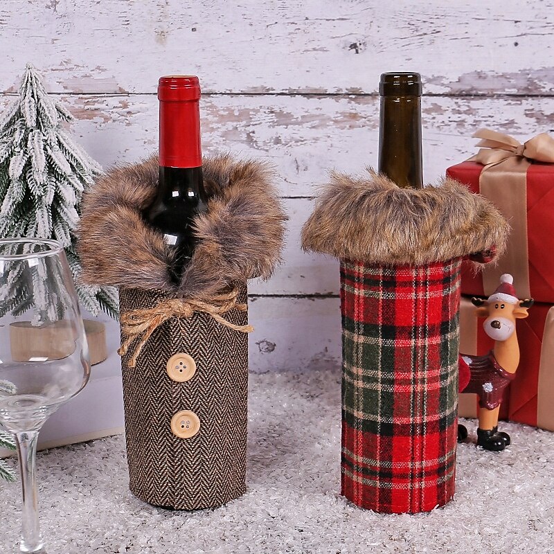 Christmas Wine Bottle Bag Plush Plaid Wine Bottle Cover Decorative Outfit Dress For Table Centerpiece Holiday Party Supplies Home Decoration Christmas Gift Wrapping Accessories4