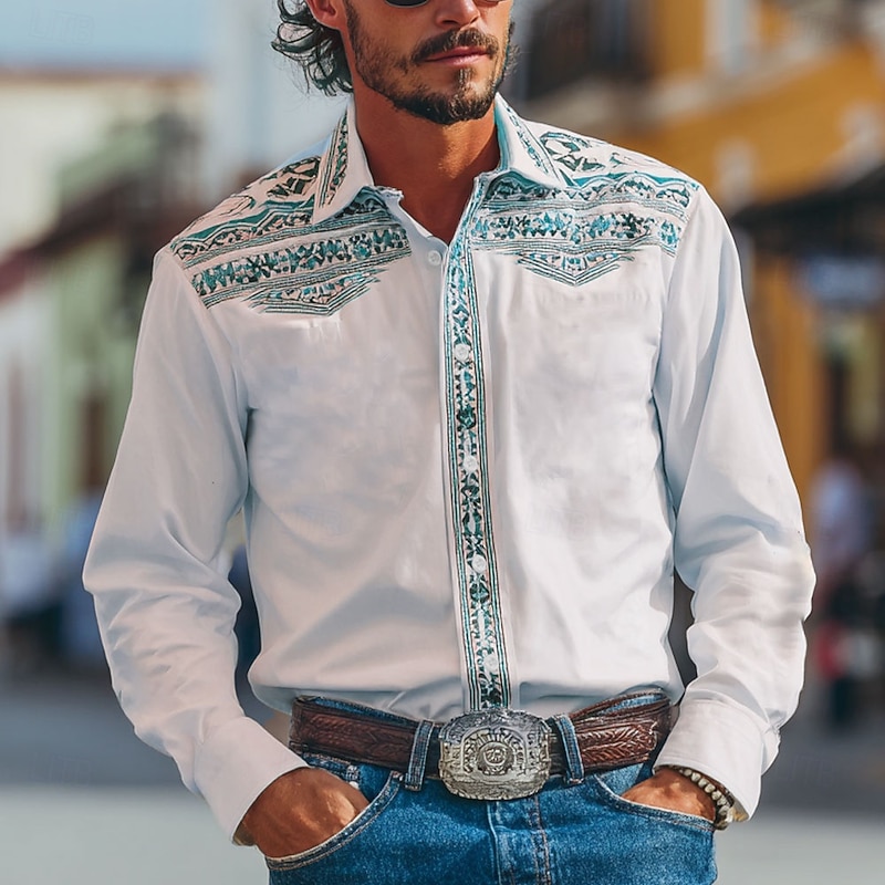 Men's Floral Print Ethnic Flowers Shirt Western Shirt Cowboy Shirt Long Sleeve Vintage Retro Outdoor Vacation Spring Fall Turndown 3D Print Linen Like Shirt Blue Brown Green Gray3