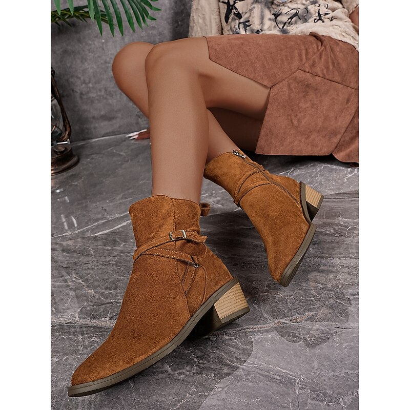 Women's Boots Combat Boots Daily Chain Chunky Heel Pointed Toe Casual Suede Zipper Camel Black3