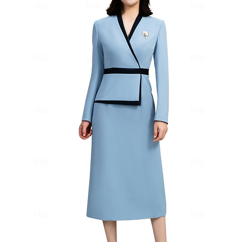 Sheath / Column Mother of the Bride Dress Elegant Vintage V Neck Tea Length  Long Sleeve with Color Block4