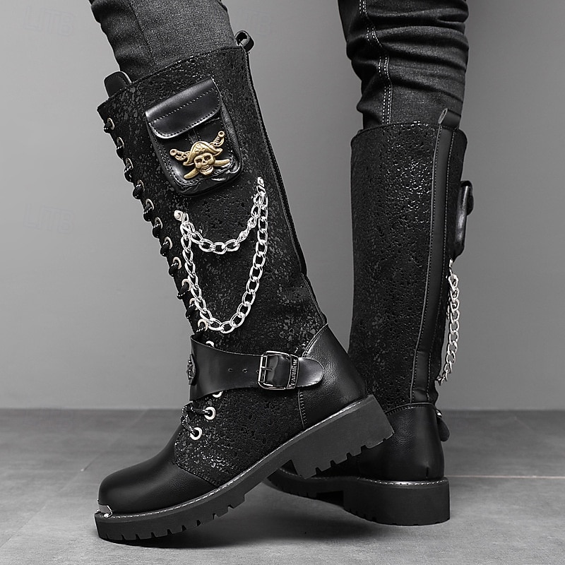 Men's Black Punk Gothic Boots Tall Lace-Up Combat Boots with Skull and Metal Chain Details for Halloween Parties, Horror Cosplay and Themed Festivals3