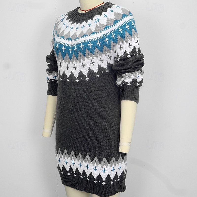 Women's Mini Dress Sweater Dress Vintage Fashion Modern Daily Holiday Going out Regular Fit Geometric Long Sleeve Crew Neck Dark Gray Fall Winter2