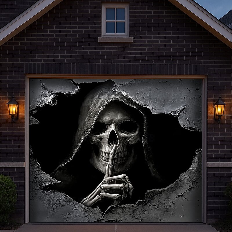 Halloween Garage Door Cover Scary Scarecrow Castle Banner Haunted House Horror Scene Spooky Backdrop Tapestry for Outdoor Wall Fence Yard Halloween Party Decoration2