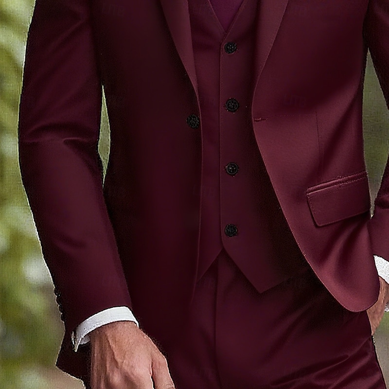 Men's Wedding Wedding Suits Notch Lapel Burgundy Formal Solid Colored Slim Fit 3 Piece3