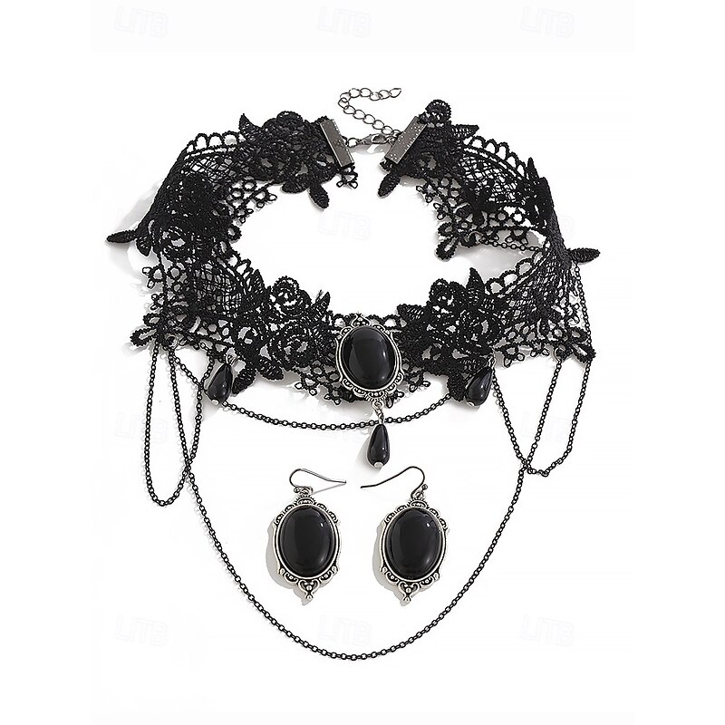 Women's Halloween Gothic Lace Choker Necklace and Earrings Set – Vintage Black Jewelry with Chains for Costume Party and Cosplay4