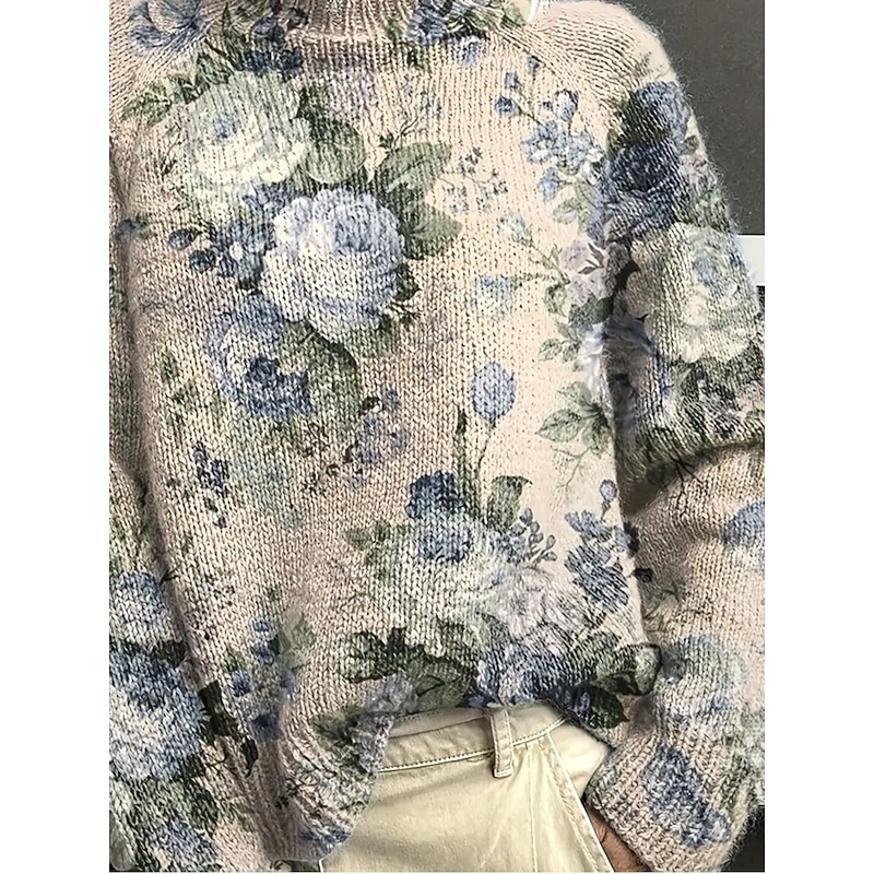 Women's Sweater Casual Soft Floral Graphic Ribbed Turtleneck Floral Knitted Print Long Sleeve Regular Tops Knit Outdoor Daily Weekend Light Blue Fall Winter3