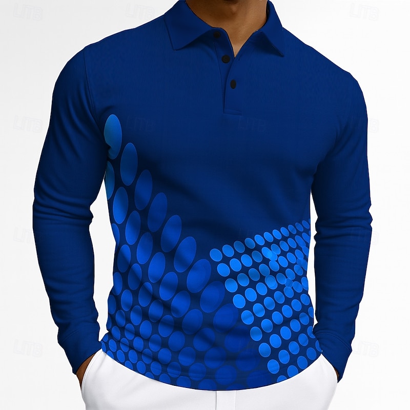 Men's Geometric Polo Long Sleeve Polo Shirts Lapel Casual Athleisure Daily Wear 3D Print Buttons Spring Fall Winter Yellow Blue