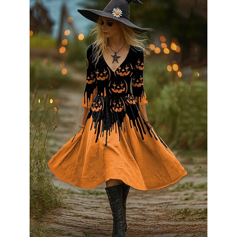 Halloween Women's Witch Print Midi Dress A Line Dress Vacation Party Casual Party Regular Fit Graphic Pumpkin Long Sleeve V Neck Black Purple Orange Brown Spring Fall3