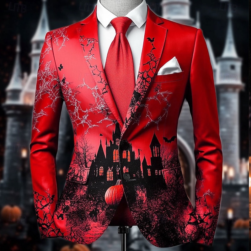 Men's Pumpkin Castle Blazer Jacket Comfortable Artistic Casual Party Evening Wear Daily Festival 3D Print Buttons Multi Pocket Spring Fall & Winter Notch Long Sleeve Red Purple Orange2