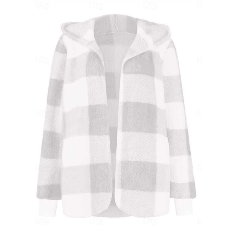 Women's Winter Coat Teddy Coat Comfortable Breathable Print Open Front Casual Plaid Vacation Street Casual Daily Wear Open Front Long Notch Lapel Regular Fit Long Sleeve Outerwear Black Fuchsia Khaki3