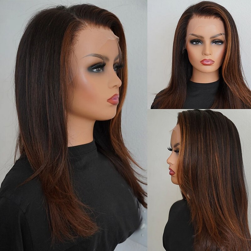 Human Hair 5x5 Closure 13x4 Lace Front Wig Free Part Brazilian Hair Straight Brown Wig 150% 180% Density with Baby Hair Highlighted / Balayage Hair 100% Virgin Glueless Pre-Plucked For Women Long3