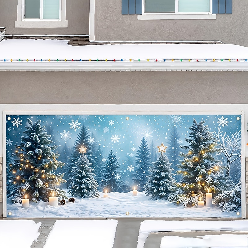 Christmas Outdoor Garage Door Cover Christmas House Sleigh Snowman Christmas Tree Large Tapestry Backdrop Decoration For Holiday Outdoor Garage Door Home Wall Decorations3