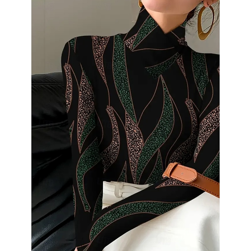 Women's T Shirt Graphic Abstract Geometry Elegant Vintage Stylish Long Sleeve High Neck Asymmetric Neck Regular Tops Daily Print Dark Green Spring Fall Winter2