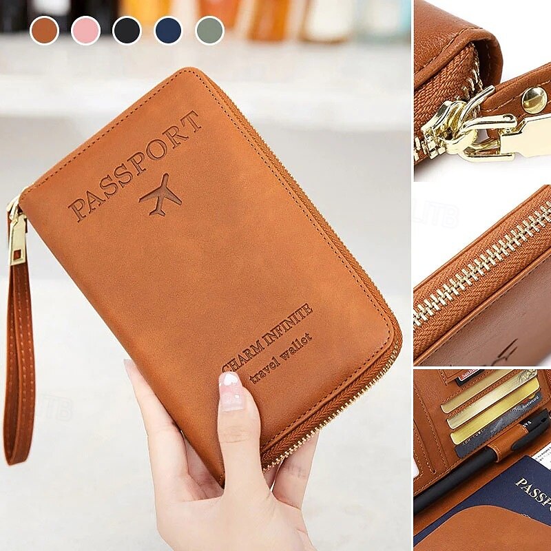Multi Functional RFID Passport Wallet Leather Women Long Travel Document Holder Large Capacity Simple Stylish Multi Purpose Card Organizer Clutch Purse For Daily Use