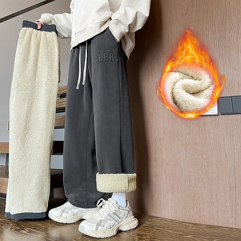 Men's Winter Sweatpants Shrepa Fleece Pants Thick with Pockets Bottoms Athleisure Gym Workout Windproof Warm Gym Outdoor Running Regular Fit Sportswear Activewear Solid Colored Black White+Black